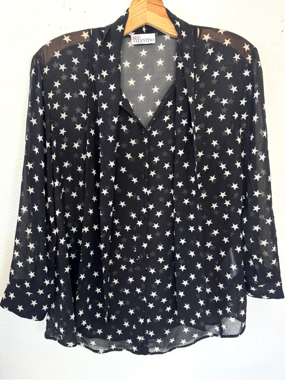 RED Valentino Vintage Silk Black Star Sheer Blouse Neck Tie Italy 48 US 10/12